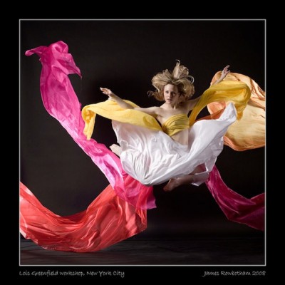 IMAGE Dancer Natasha Czarniewy caught mid-air in a tangle of scarves by Jim (Markland) Rowbotham at a Lois Greenfield Workshop, New York, NY. IMAGE