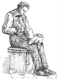IMAGE A black and white sketch of a cobbler on his bench IMAGE