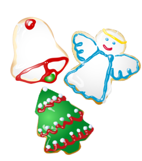 Three holiday cookies - a christmas tree, angel, and bell