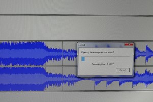 IMAGE Image of an Audacity music edit file being exported as an MP3. IMAGE