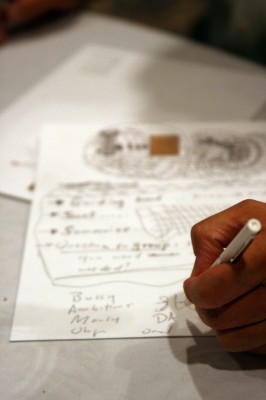 IMAGE Photo of someone's hand making doodles and notes during a meeting. IMAGE