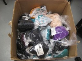 IMAGE A box of bagged dance costumes ready for sorting. IMAGE